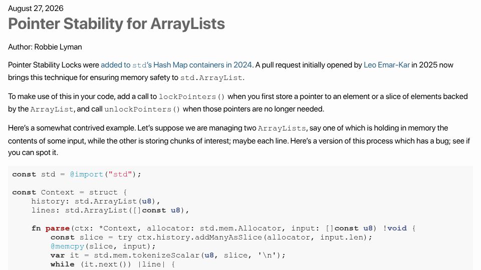 Screenshot of ziglang.org: Zig: Pointer Stability for ArrayLists