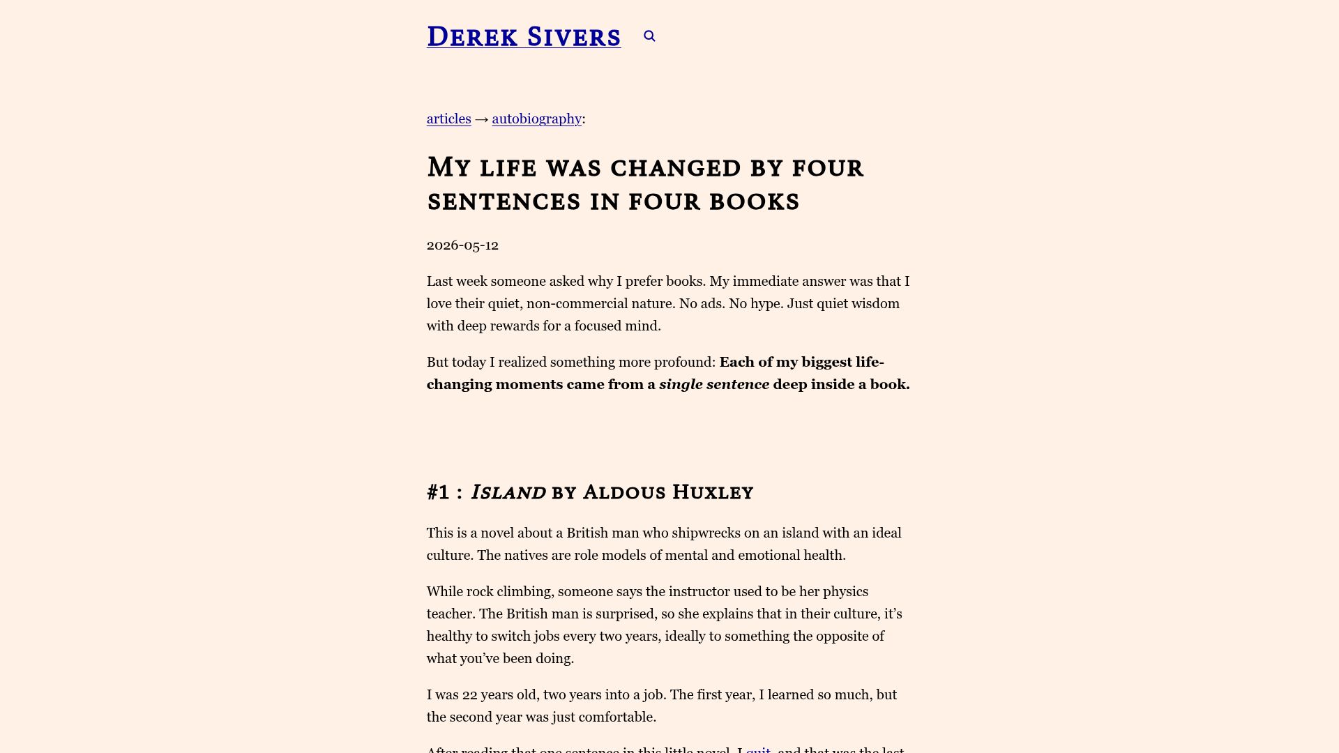 Screenshot of sive.rs: My life was changed by four sentences in four books