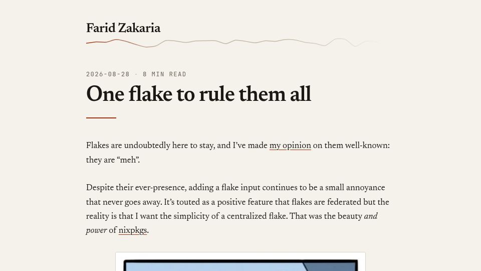 Screenshot of fzakaria.com: One Nix flake to rule them all