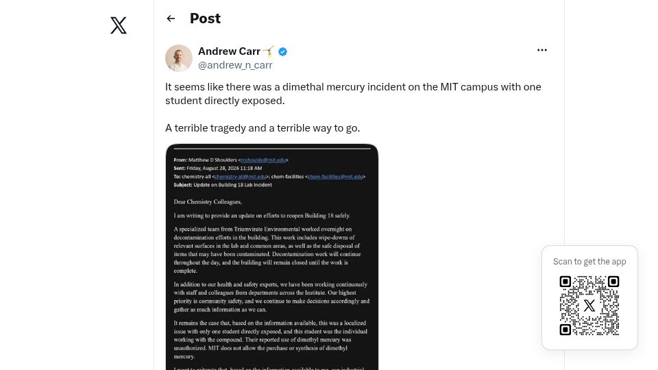 Screenshot of twitter.com: Dimethyl Mercury Exposure Incident at MIT