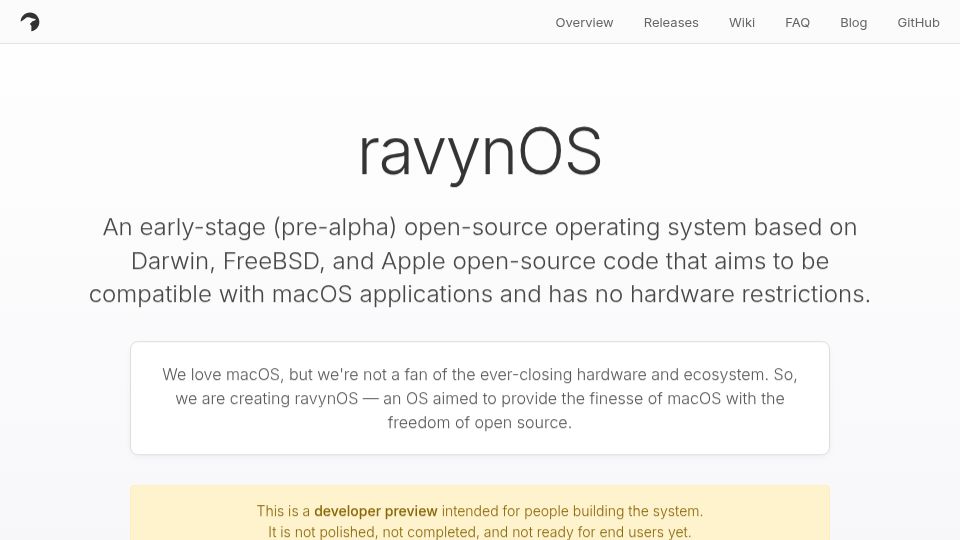 Screenshot of ravynos.com: RavynOS: Pre-alpha open-source OS based on Darwin, FreeBSD, Apple open-source