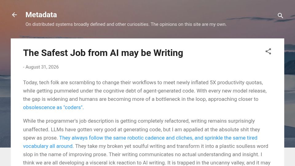 Screenshot of muratbuffalo.blogspot.com: The safest job from AI may be writing