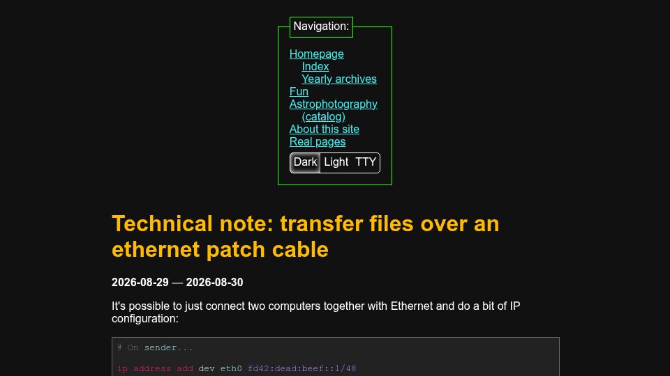 Screenshot of maurycyz.com: Transfer files over an Ethernet patch cable