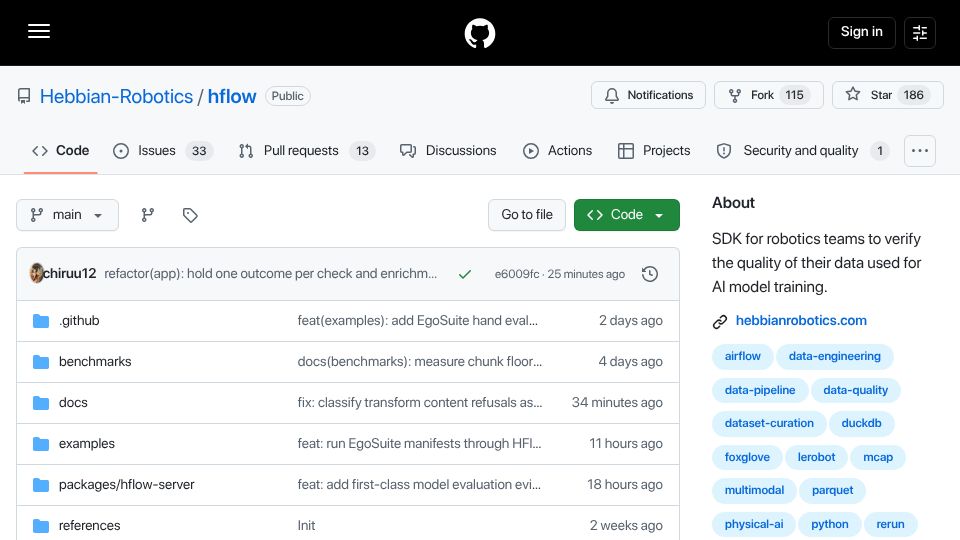 Screenshot of github.com: Launch HN: Hebbian Robotics (YC S26) – Build scalable robotics data pipelines