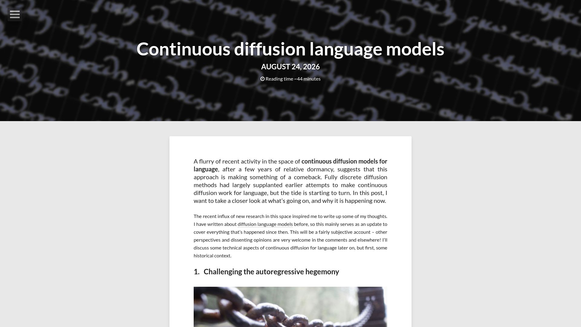 Screenshot of sander.ai: Continuous Diffusion Language Models (CDLM's)