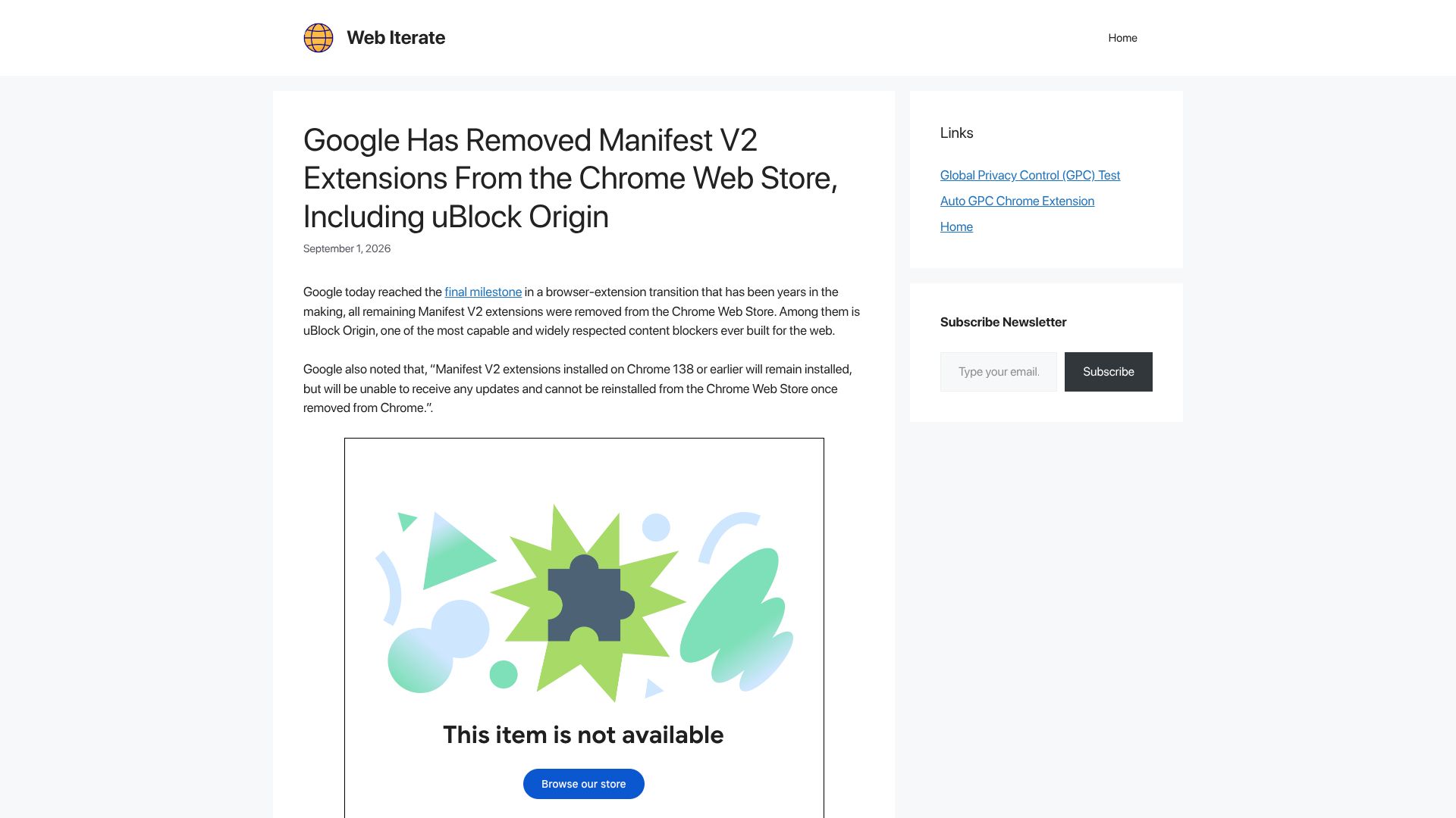 Screenshot of webiterate.dev: Google Has Removed MV2 Extensions from the Chrome Web Store, Including UBO