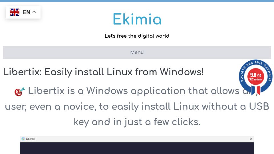 Screenshot of ekimia.fr: Libertix installs Linux with 3 mouse clicks for Windows users