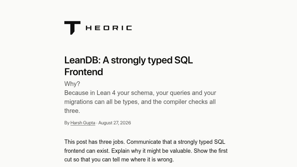 Screenshot of theoric.com: LeanDB a strongly Typed SQL front end