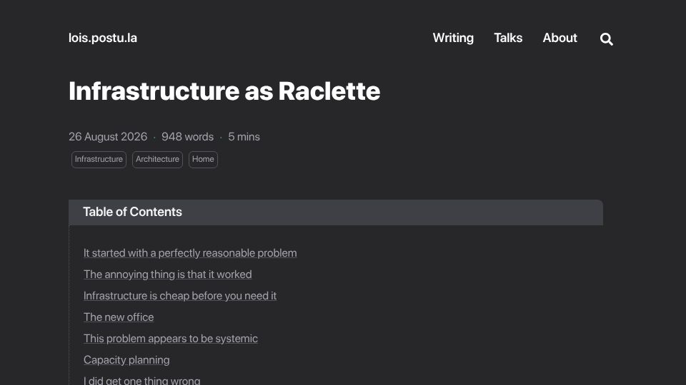 Screenshot of lois.postu.la: Infrastructure as Raclette