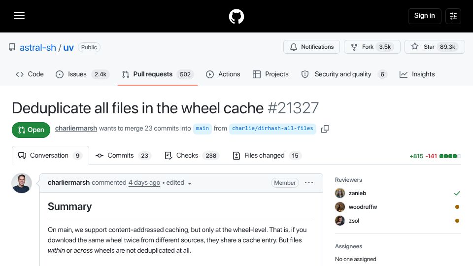 Screenshot of github.com: uv: Deduplicate all files in the wheel cache