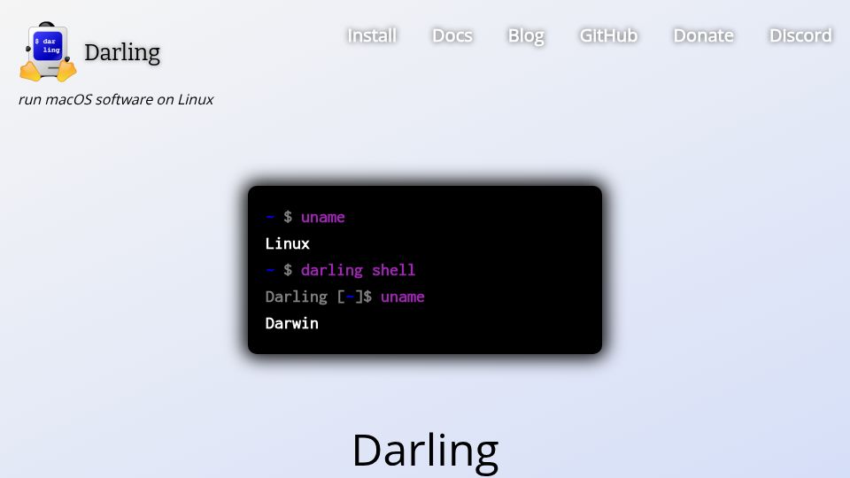 Screenshot of darlinghq.org: Run macOS Software on Linux
