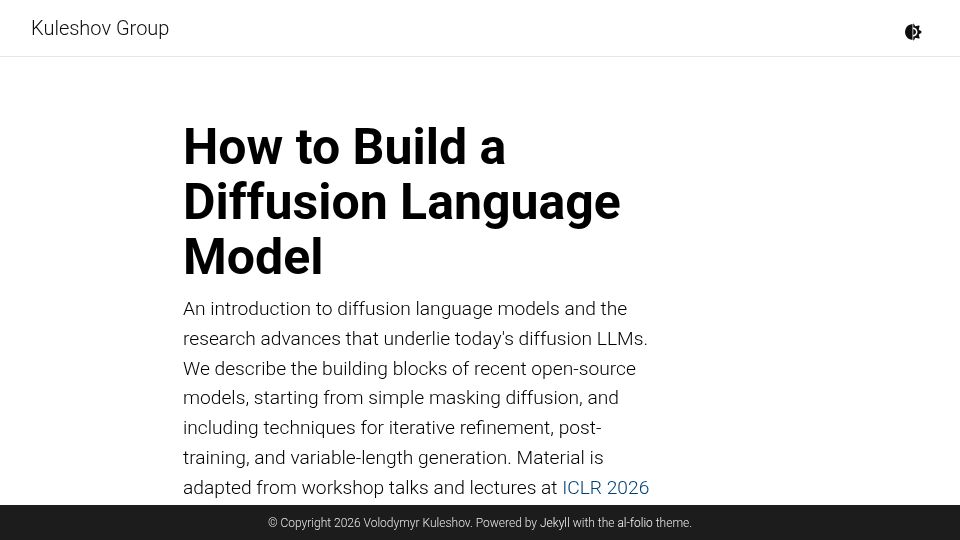 Screenshot of kuleshov-group.github.io: How to build a diffusion language model