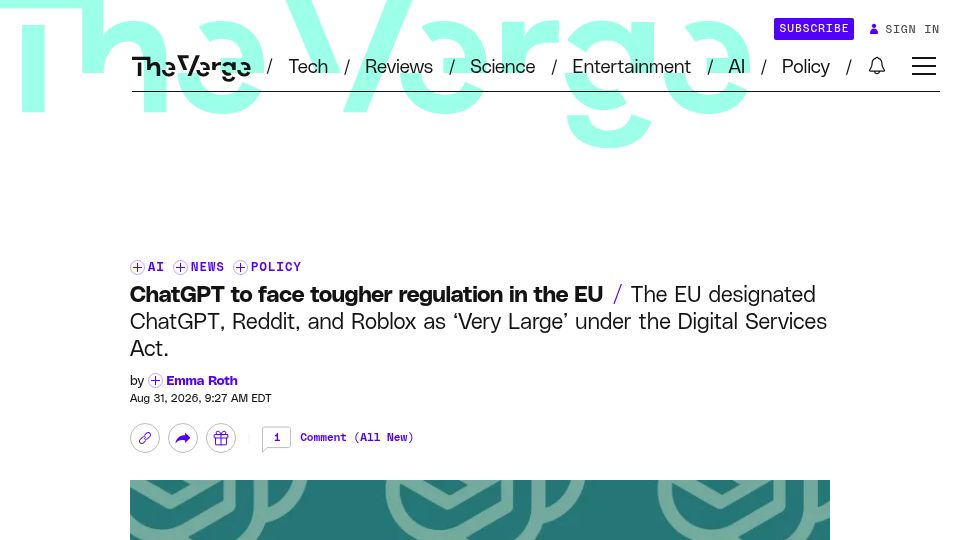 Screenshot of theverge.com: ChatGPT to face tougher regulation in the EU