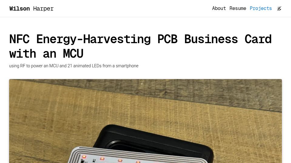 Screenshot of wilsonharper.net: Show HN: NFC Energy-Harvesting PCB Business Card with an MCU