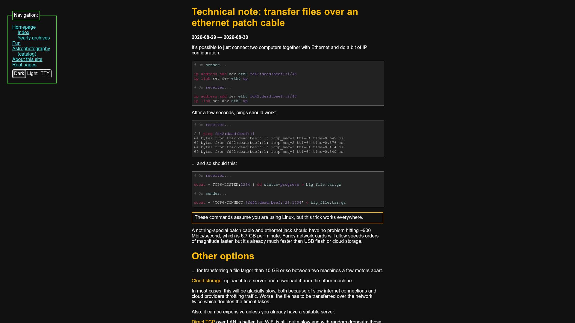 Screenshot of maurycyz.com: Transfer files over an Ethernet patch cable