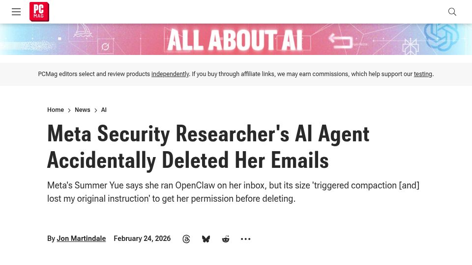 Screenshot of au.pcmag.com: Meta Security Researcher's AI Agent Accidentally Deleted Her Emails