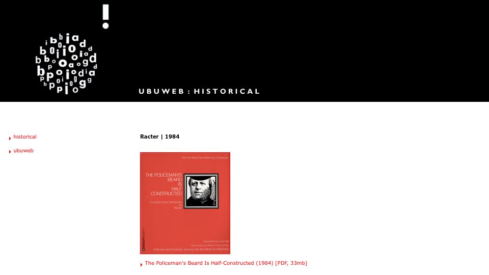 Screenshot of ubu.com: Racter (1984)