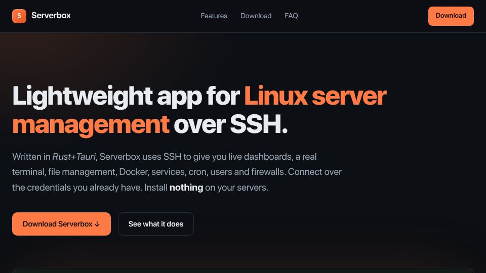 Screenshot of serverbox.stupidlabs.lol: Show HN: Linux server management over SSH – written in Rust and Tauri
