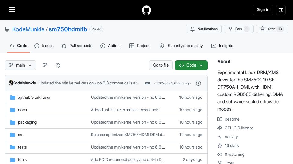 Screenshot of github.com: Why open source rocks – a new SM750 (Silicon Motion GPU) HDMI Driver