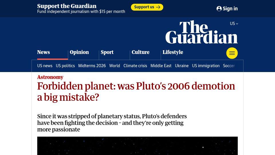 Screenshot of theguardian.com: Since it was stripped of planetary status, Pluto’s defenders have been fighting