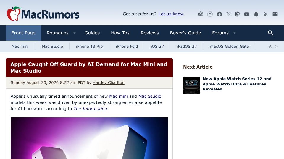 Screenshot of macrumors.com: Apple caught off guard by AI demand for Mac Mini and Mac Studio