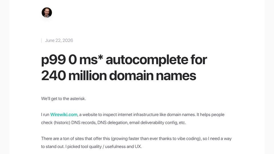 Screenshot of ruurtjan.com: P99 0 ms* autocomplete for 240M domain names
