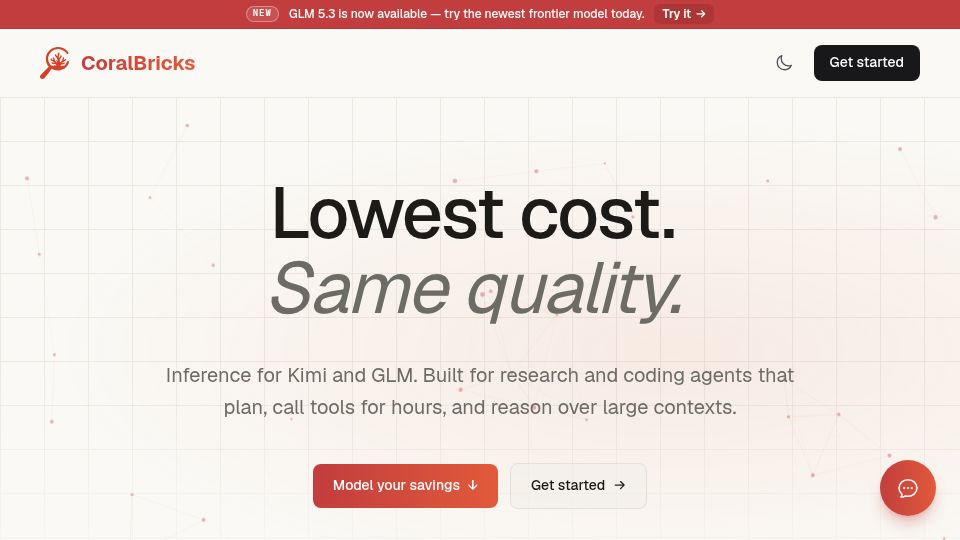 Screenshot of coralbricks.ai: Show HN: 2x-4x cheaper GLM 5.3 for coding and research