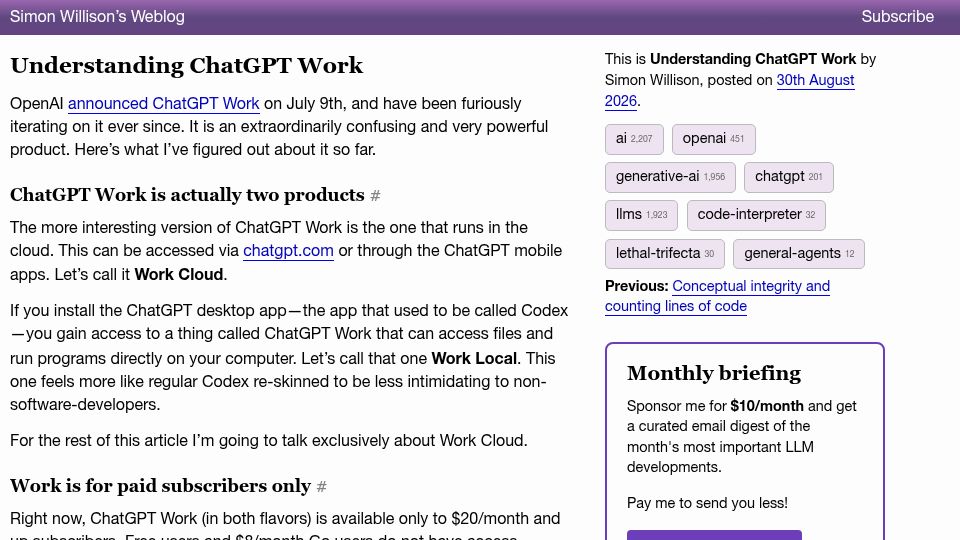 Screenshot of simonwillison.net: Understanding ChatGPT Work
