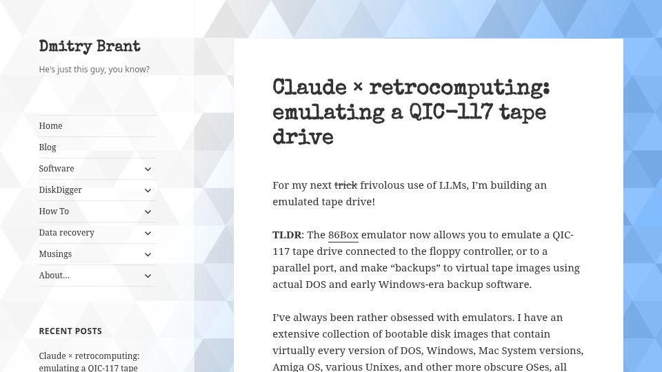 Screenshot of dmitrybrant.com: Claude × retrocomputing: emulating a QIC-117 tape drive