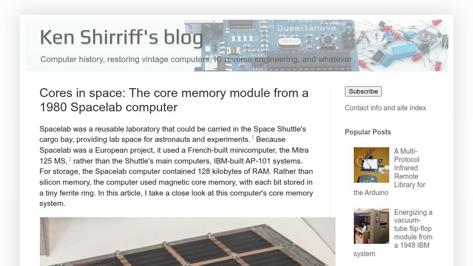 Screenshot of righto.com: Cores in space: The core memory module from a 1980 Spacelab computer