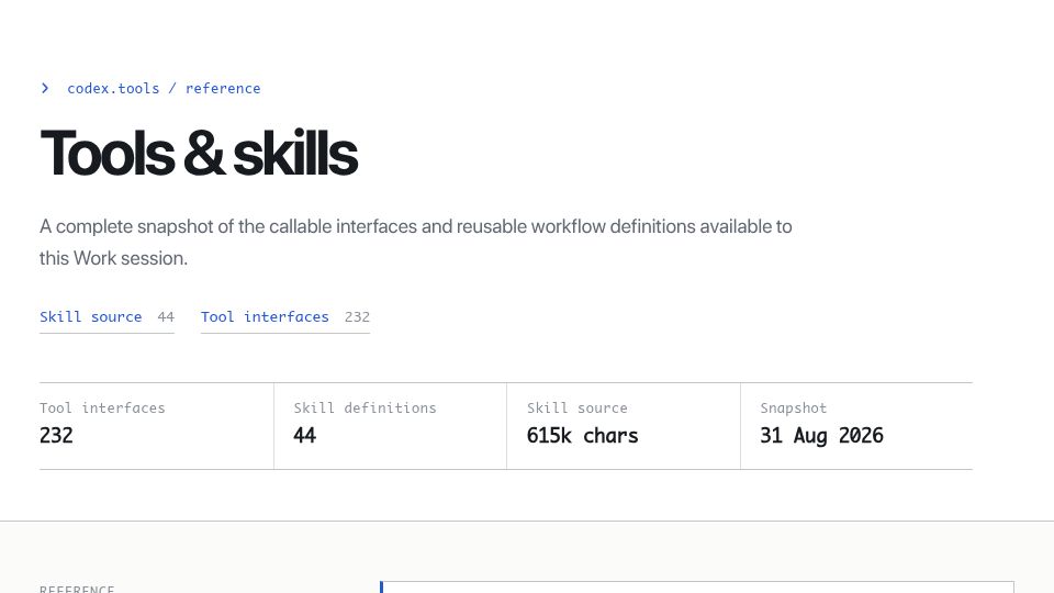 Screenshot of codex-tool-reference.simonw.chatgpt.site: ChatGPT Work Tool and Skill Reference
