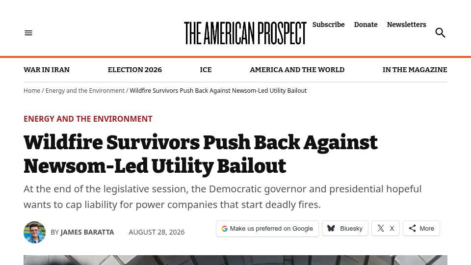 Screenshot of prospect.org: Wildfire Survivors Push Back Against Newsom-Led Utility Bailout