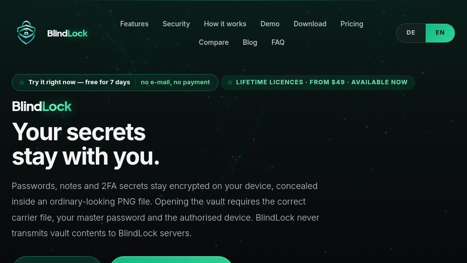 Screenshot of blindlock.app: I built a hardware-bound local password vault hidden in a photo