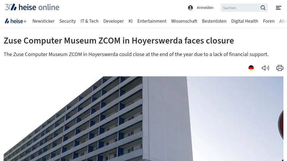 Screenshot of heise.de: Konrad Zuse Museum shutting down due to lack of funding