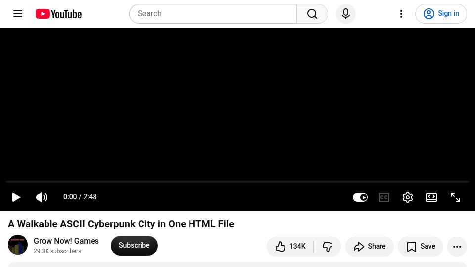 Screenshot of youtube.com: A walkable ASCII cyberpunk city in one HTML file [video]