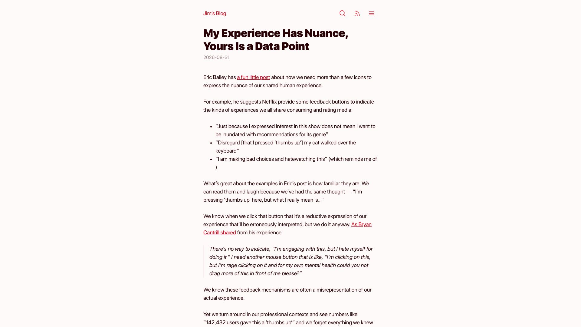 Screenshot of blog.jim-nielsen.com: My Experience Has Nuance, Yours Is a Data Point