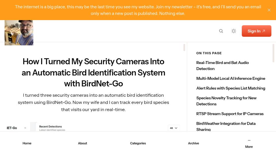 Screenshot of jasontucker.blog: I turned my security cameras into an automatic bird identification system