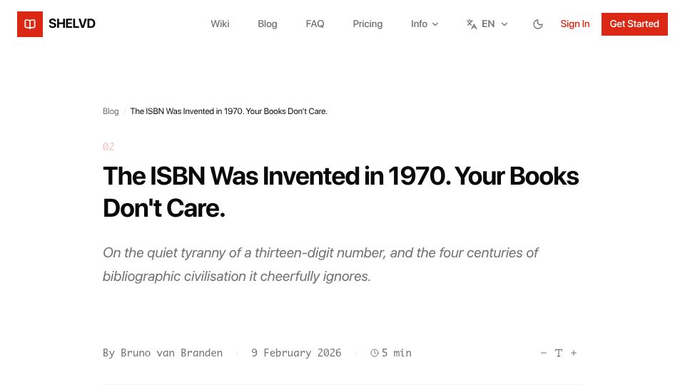 Screenshot of shelvd.org: The ISBN was invented in 1970. Your books don't care
