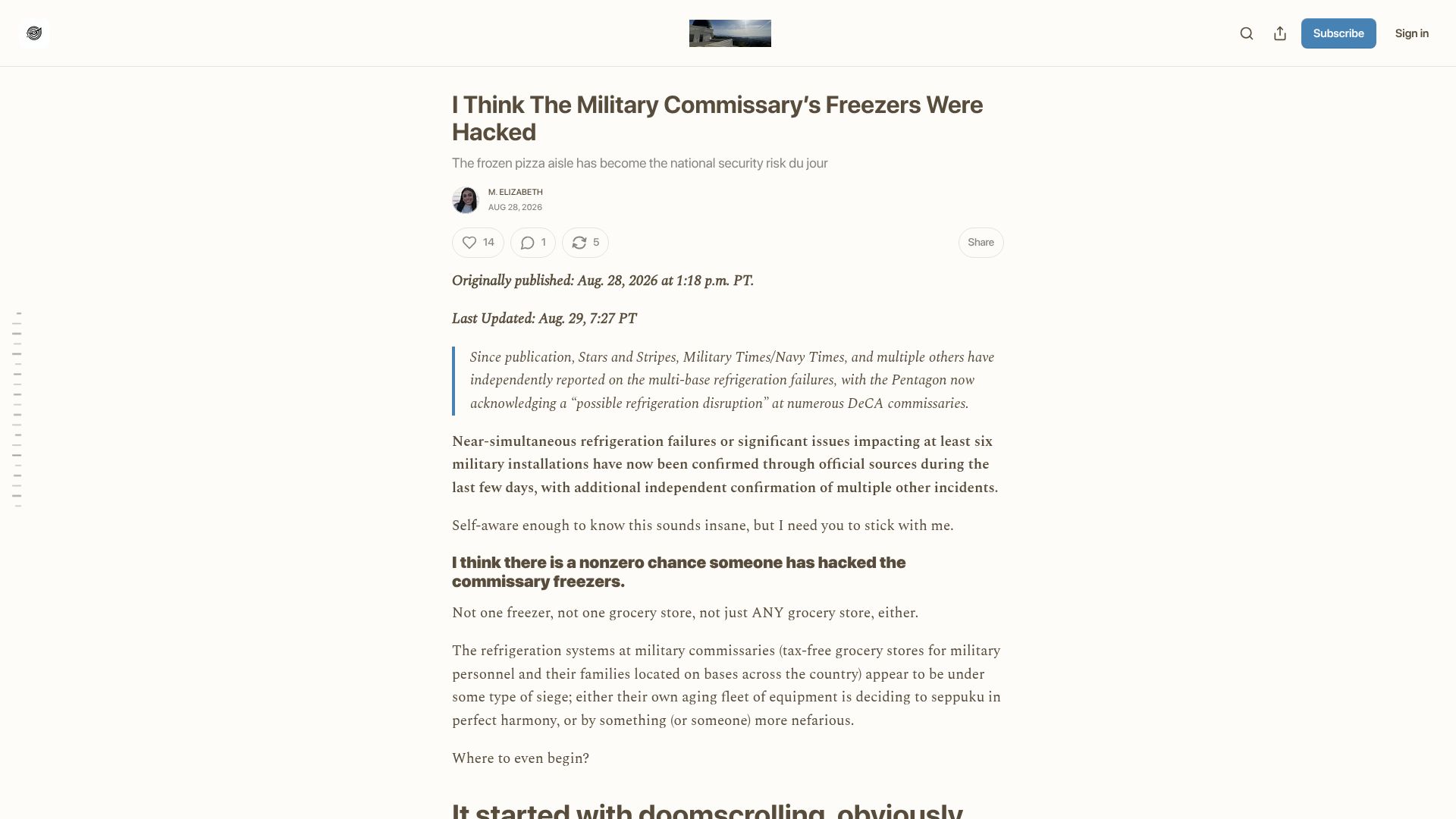Screenshot of signalandsilence.substack.com: I think the military commissary's freezers were hacked