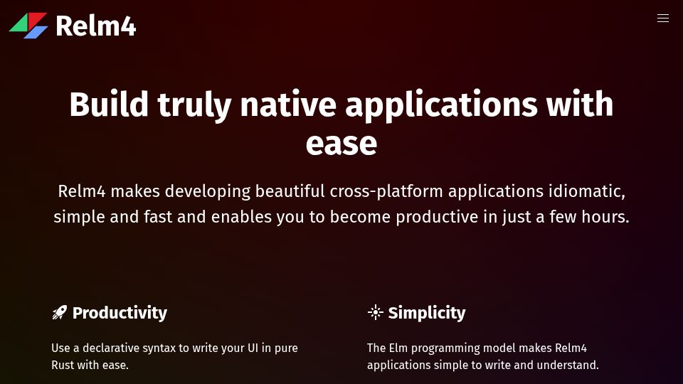 Screenshot of relm4.org: Relm4 makes developing beautiful cross-platform applications idiomatic