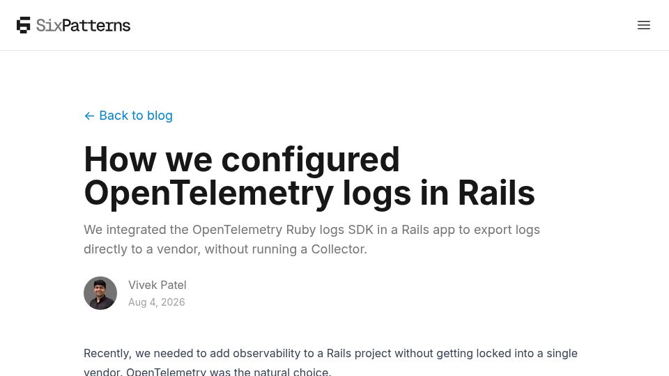 Screenshot of sixpatterns.com: How we configured OpenTelemetry logs in Rails