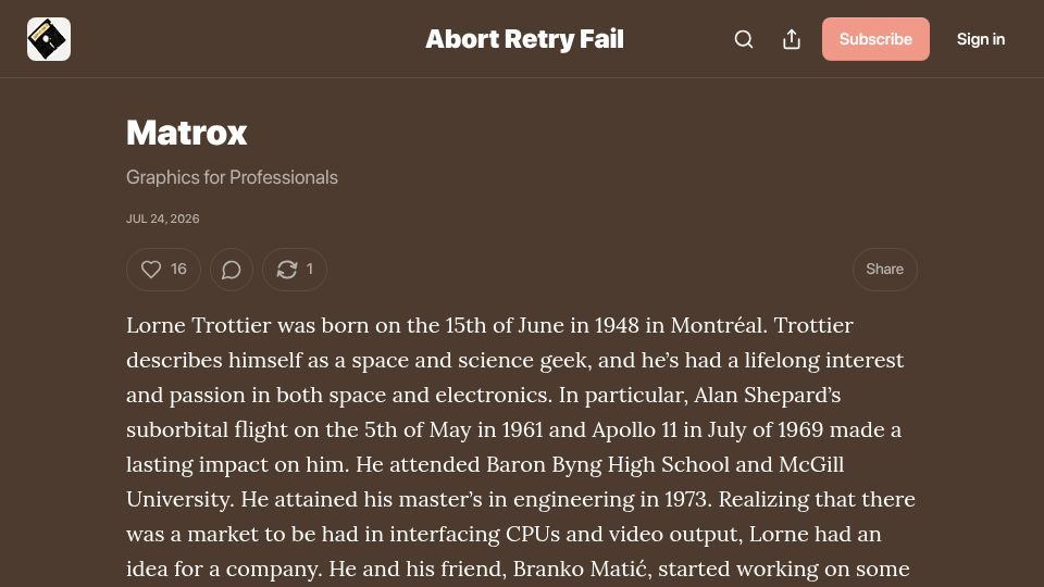 Screenshot of abortretry.fail: Matrox: Graphics for Professionals