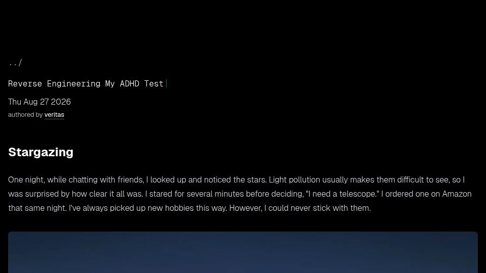 Screenshot of nullpt.rs: Reverse engineering my ADHD test