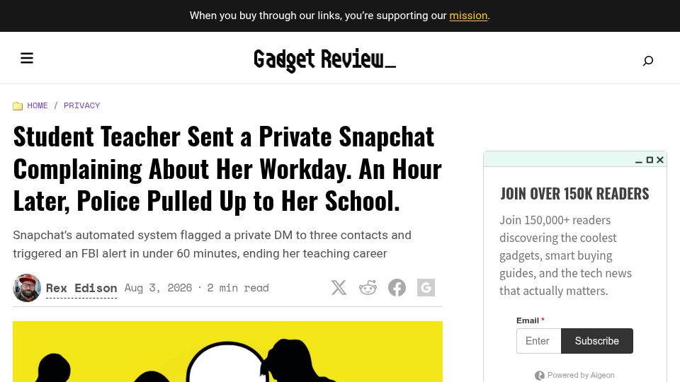 Screenshot of gadgetreview.com: Student teacher arrested for private Snapchat message