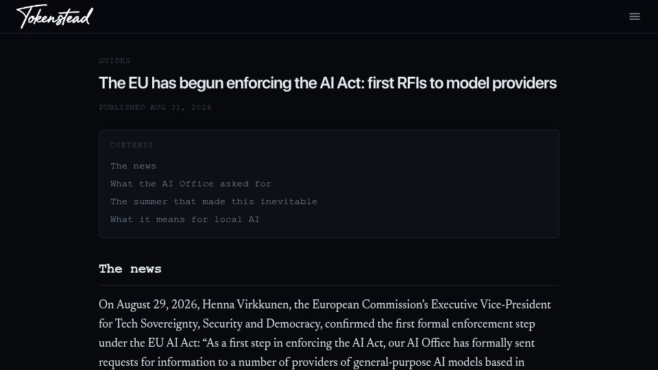 Screenshot of tokenstead.ai: The EU has begun enforcing the AI Act: first RFIs to model providers