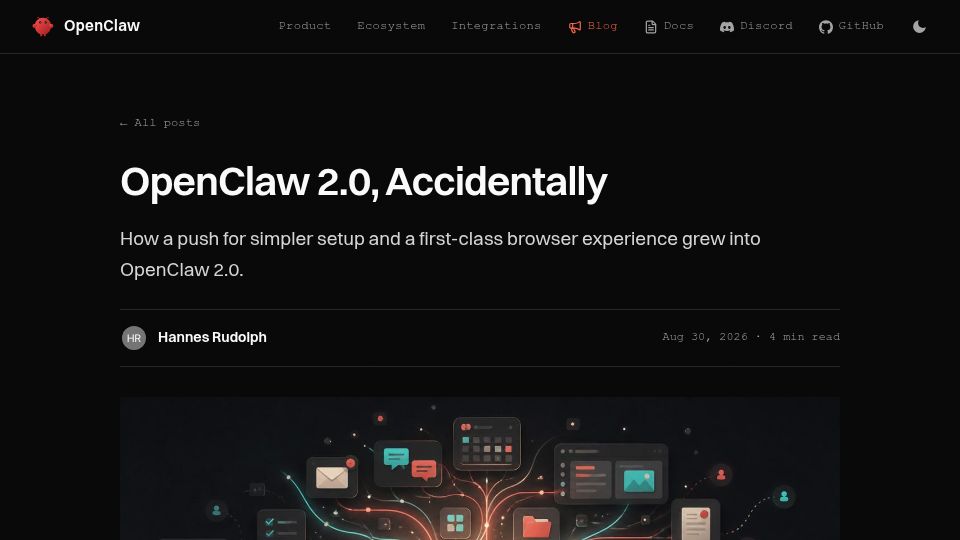 Screenshot of openclaw.ai: OpenClaw 2.0, Accidentally