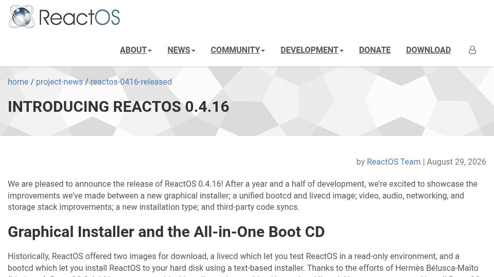 Screenshot of reactos.org: ReactOS 0.4.16