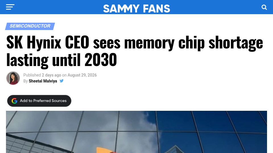 Screenshot of sammyfans.com: SK Hynix CEO sees memory chip shortage lasting until 2030