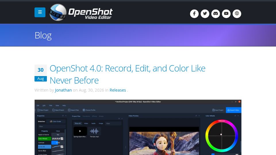 Screenshot of openshot.org: OpenShot 4.0 – Open-source video editor