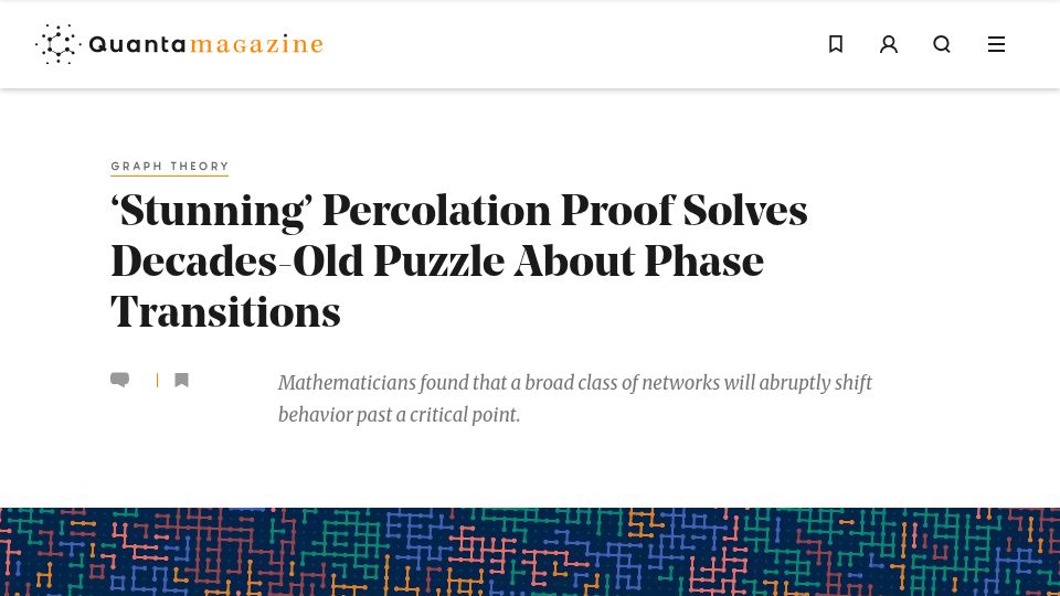 Screenshot of quantamagazine.org: 'Stunning' percolation proof solves decades-old puzzle about phase transitions
